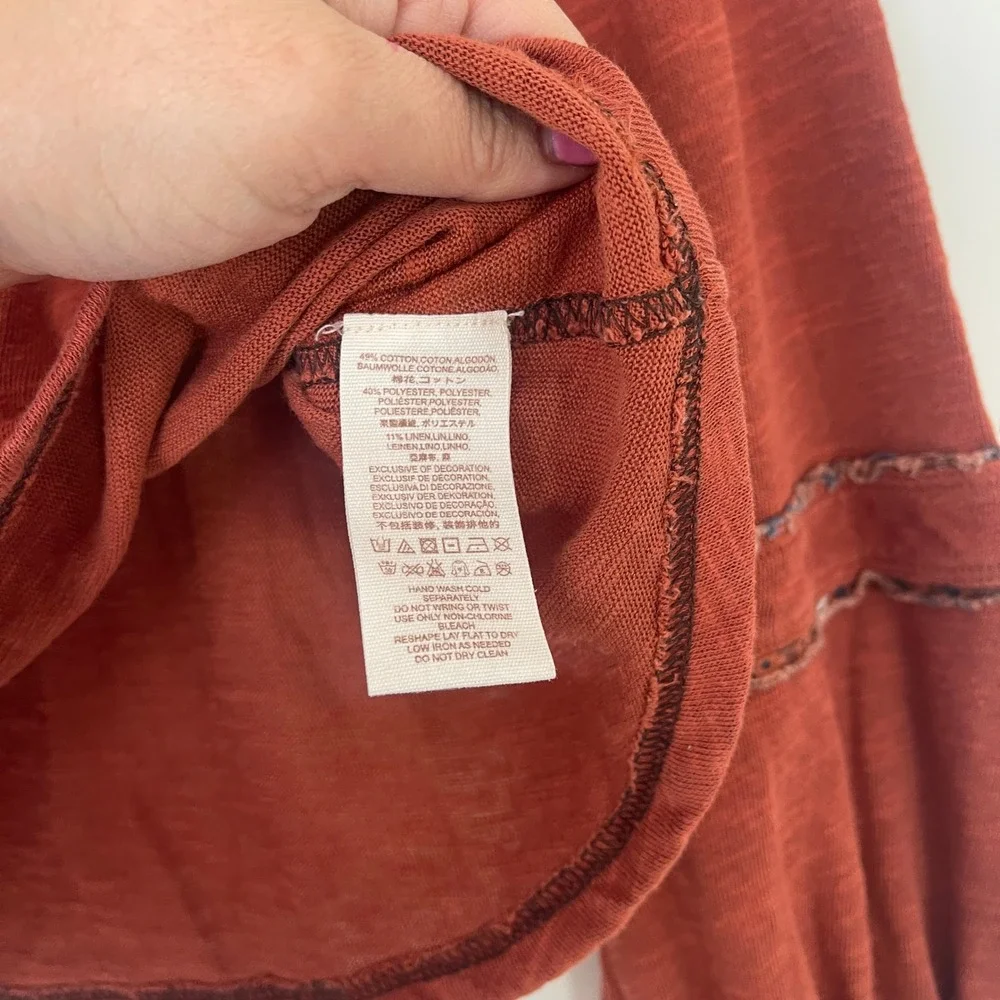 Free People Sundance Kid Rust Orange Embroidered Floral Boho Long Sleeve Top XS‎ - Picture 5 of 8